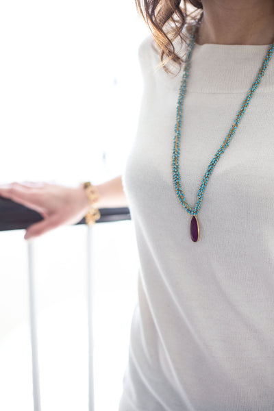 Turquoise Beaded Long Necklace with Agate Stone