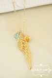 Gold Angel Wing Necklace Personalized with Birthstone and Initial
