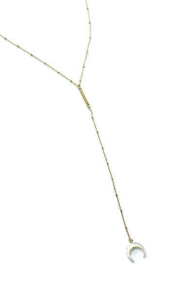 Chris Crescent Moon Mother of Pearl Pendant Gold Lariat Necklace