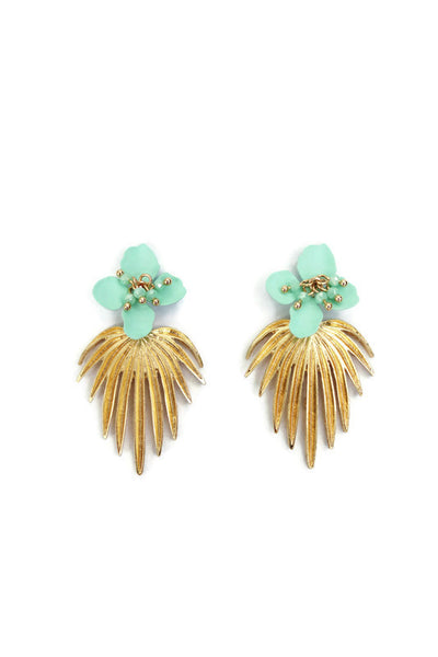 Palm Gold Plated Leaf with Turquoise Flower Stud