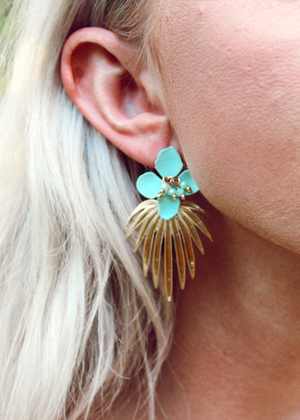 Palm Gold Plated Leaf with Turquoise Flower Stud