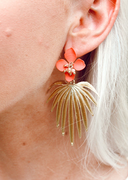 Palm Gold Plated Leaf with Coral Flower Acrylic Stud Earrings