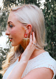 Palm Gold Plated Leaf with Coral Flower Acrylic Stud Earrings on model|| Darleen Meier Jewelry