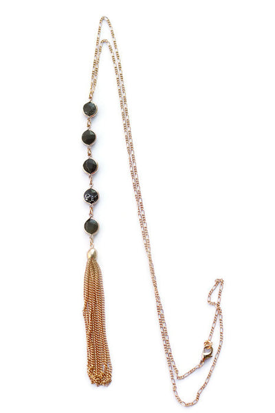 Billie Black Circle Quartz Disc Long Tassel Chain Necklace